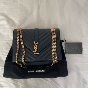 Saint Laurent Navy Quilted Shoulder Bag with Gold Chains